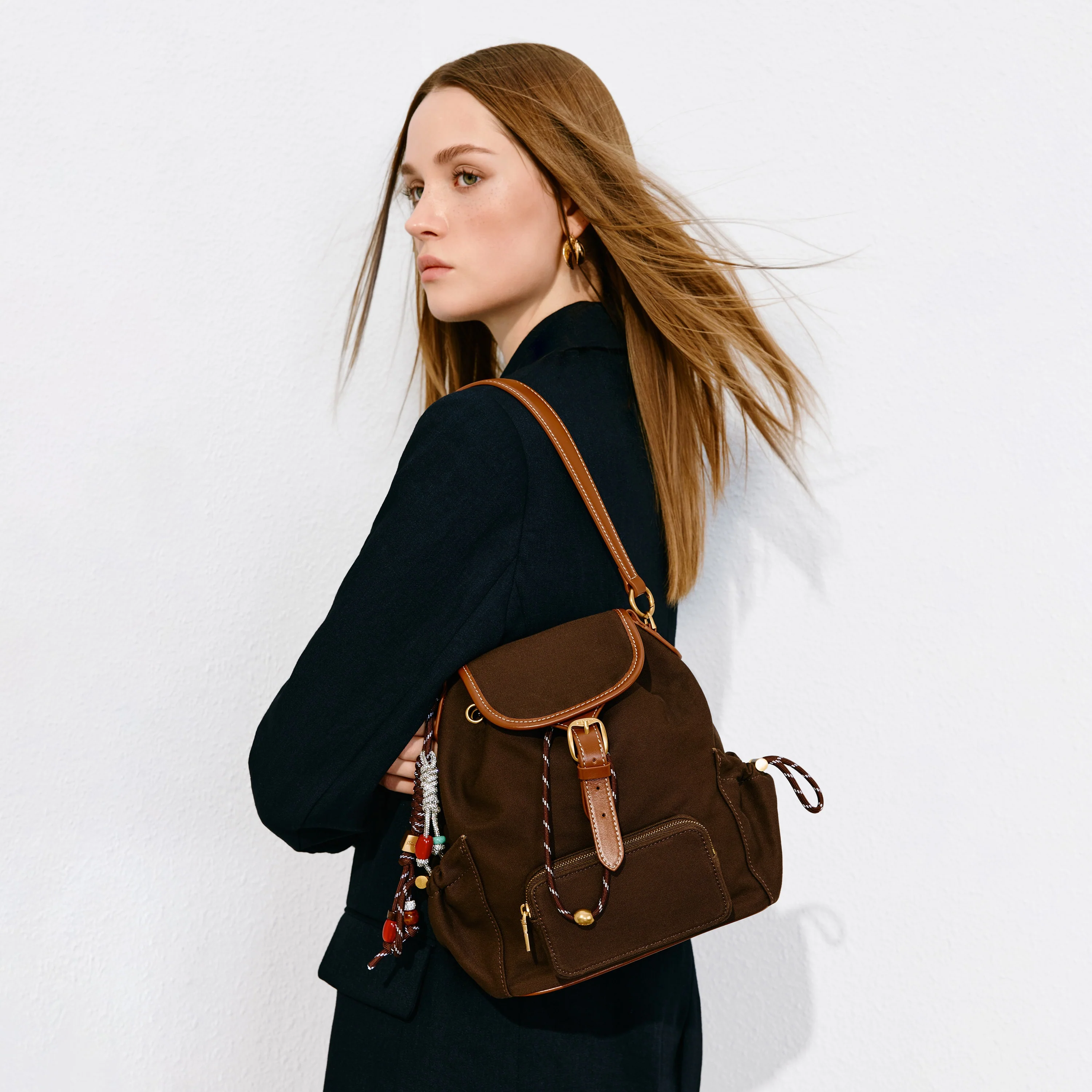 Backpack - Vintage Backpack with Leather Trim X8389 - Image 8