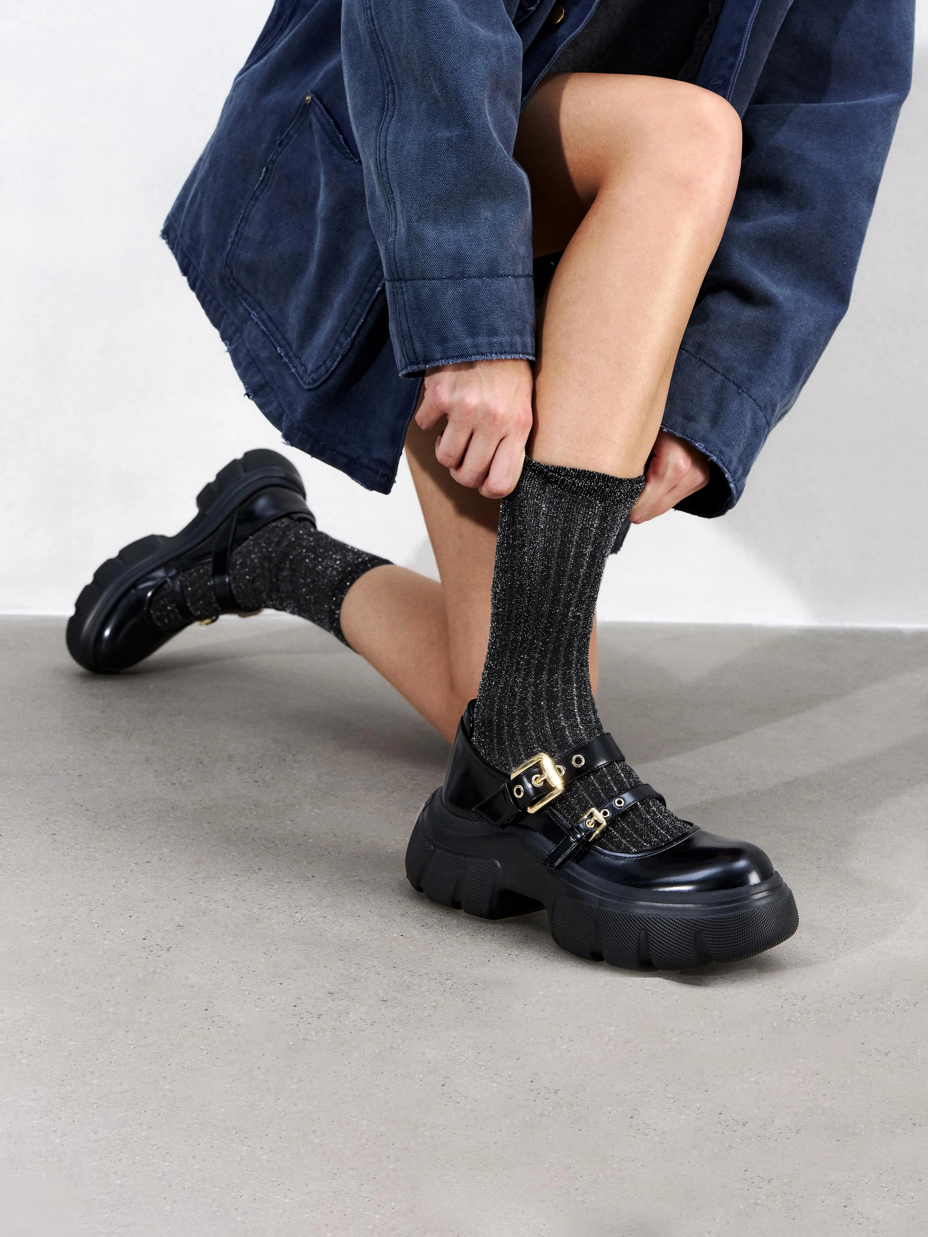 Mary Jane - Black Leather Metal Buckles  Platform Mary Jane Sneakers ESF19 - Image 3