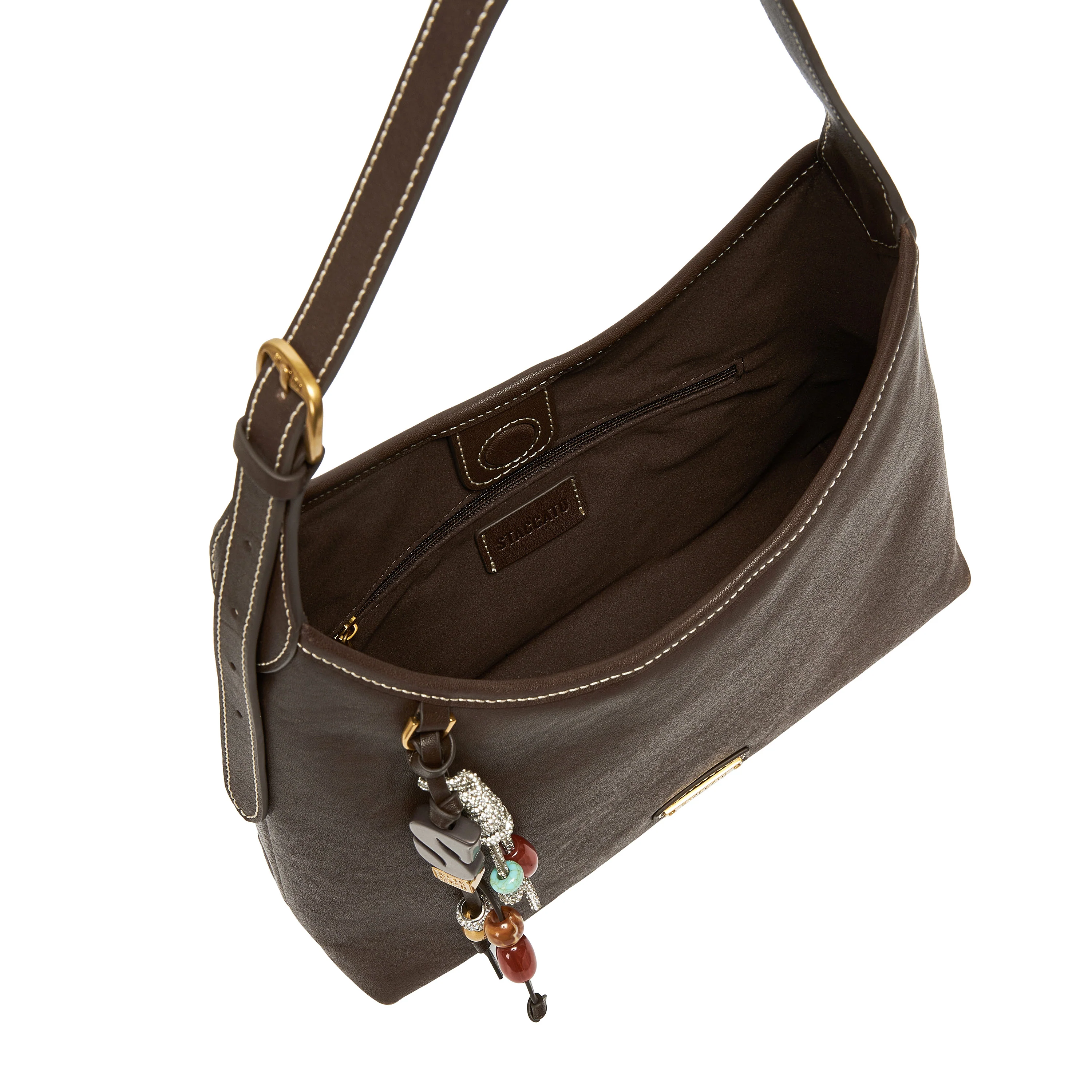 Shoulder Bag - Vintage Dark Brown Leather Hobo Bag with Beaded Charm X8349 - Image 4