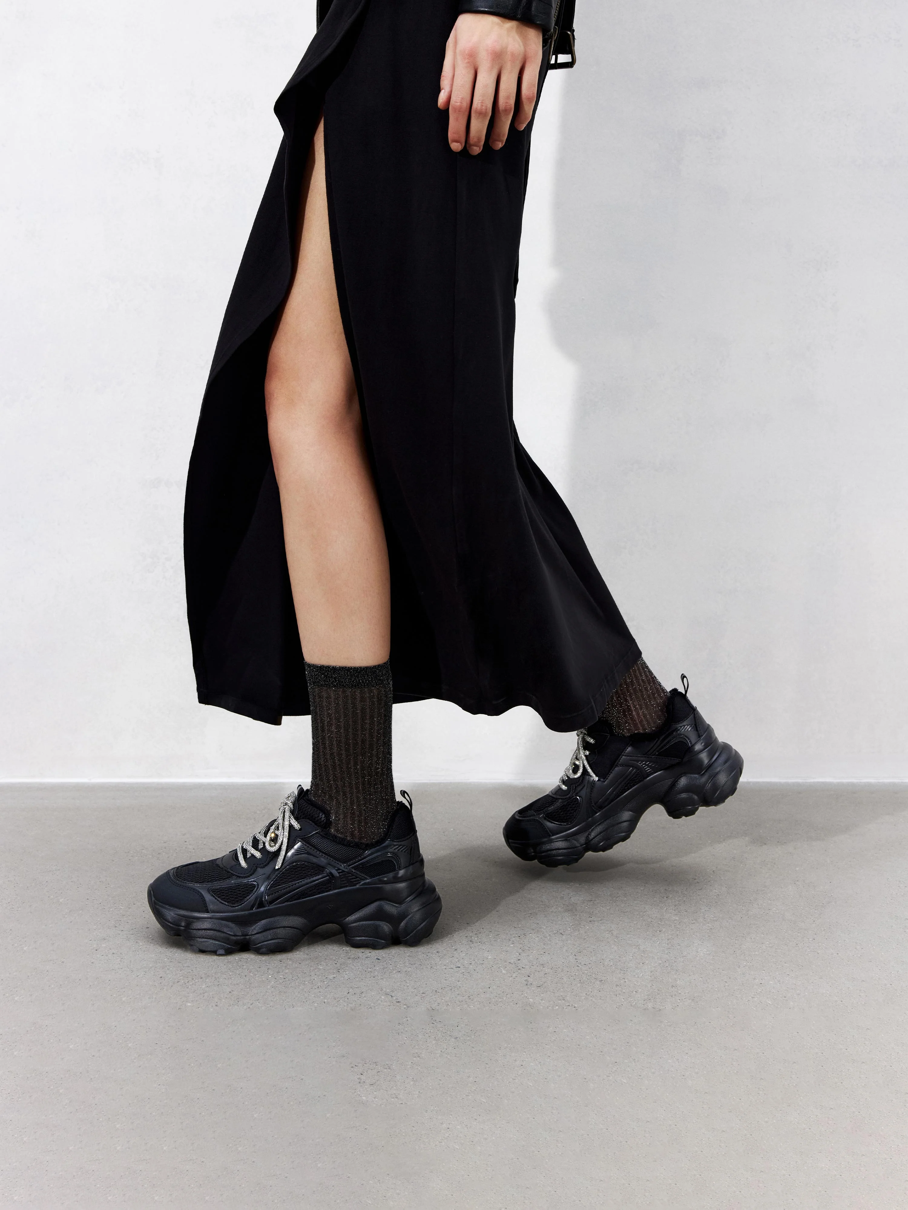 Sneakers - Black Glitter Lace Up Chunky Sole Sneakers ECE85 - Image 3